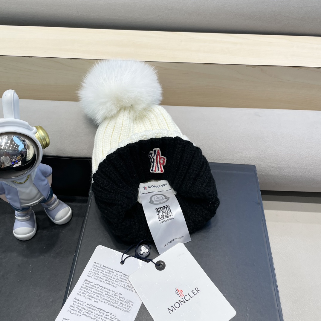 moncler2024新款蒙口冬季纯羊毛保暖百搭白色儿童保暖针织帽欧美小红书推