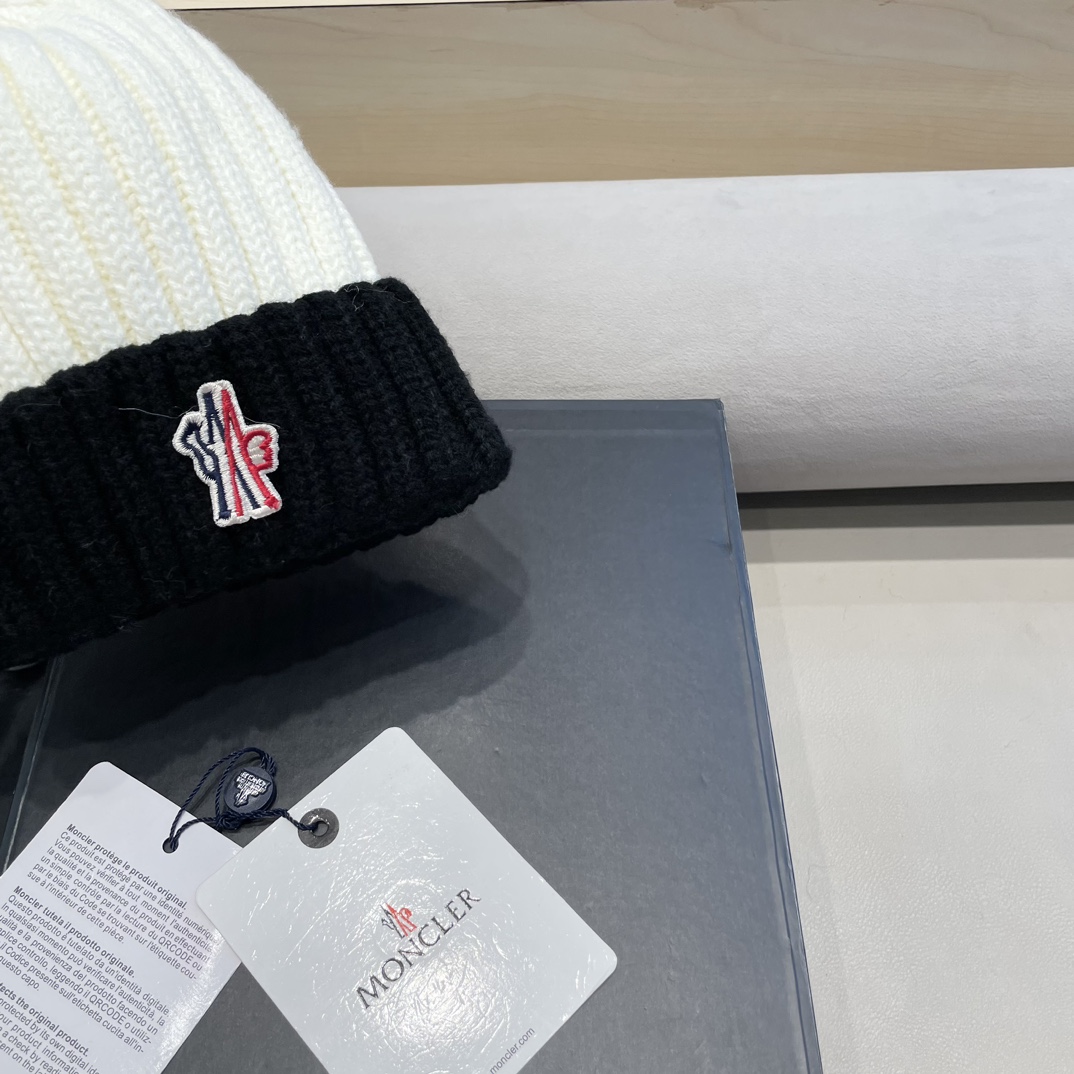 moncler2024新款蒙口冬季纯羊毛保暖百搭白色儿童保暖针织帽欧美小红书推