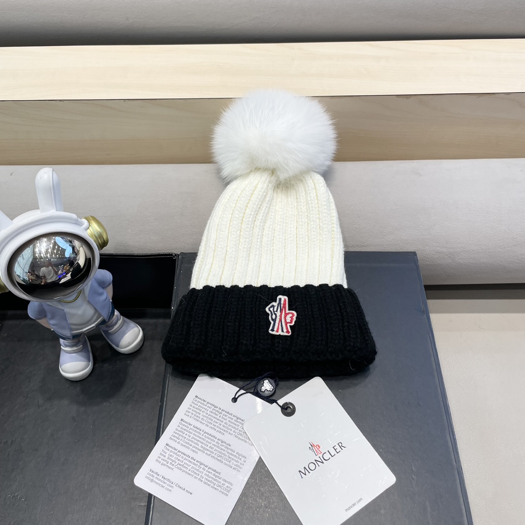 moncler2024新款蒙口冬季纯羊毛保暖百搭白色儿童保暖针织帽欧美小红书推