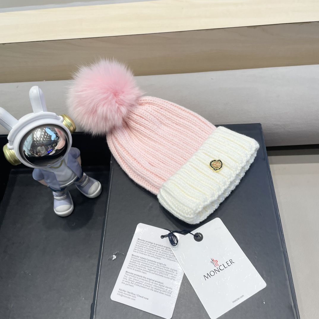 moncler帽子女韩版圣诞狐狸毛球帽子亲子秋冬加厚保暖笑脸羊毛线针织帽潮