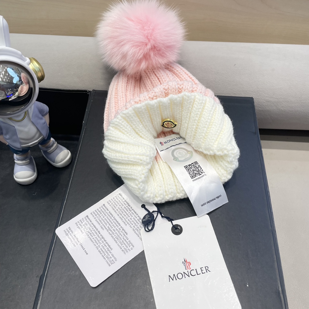 moncler帽子女韩版圣诞狐狸毛球帽子亲子秋冬加厚保暖笑脸羊毛线针织帽潮
