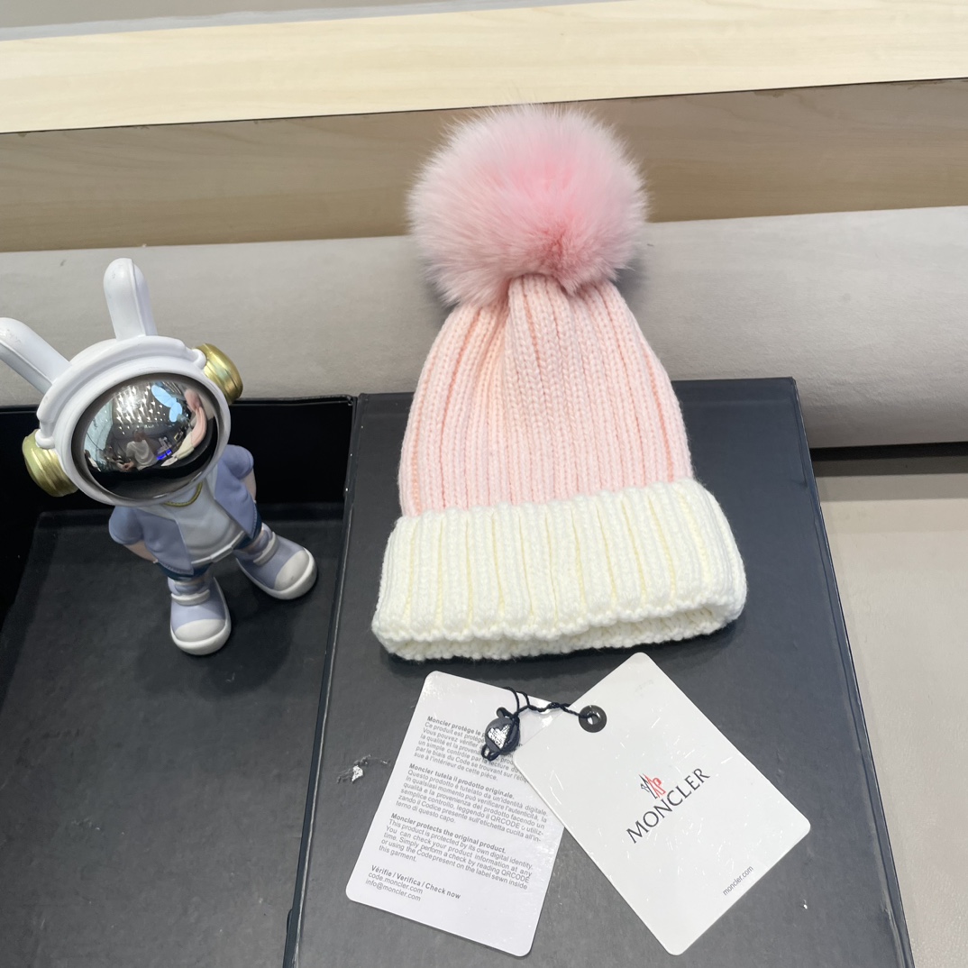 moncler帽子女韩版圣诞狐狸毛球帽子亲子秋冬加厚保暖笑脸羊毛线针织帽潮