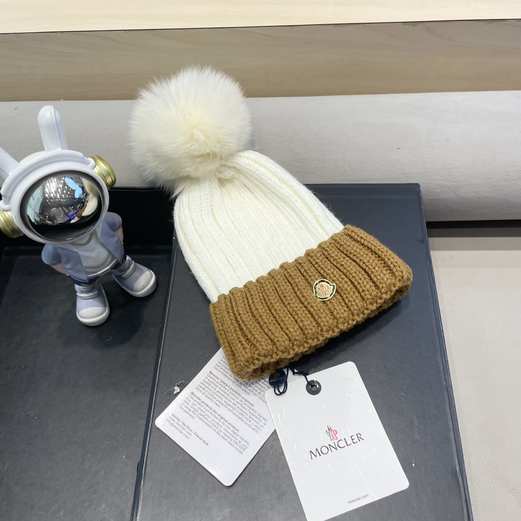 moncler帽子女韩版圣诞狐狸毛球帽子亲子秋冬加厚保暖笑脸羊毛线针织帽潮