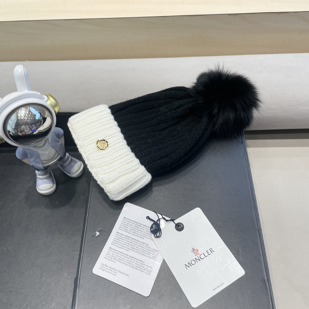 moncler帽子女韩版圣诞狐狸毛球帽子亲子秋冬加厚保暖笑脸羊毛线针织帽潮