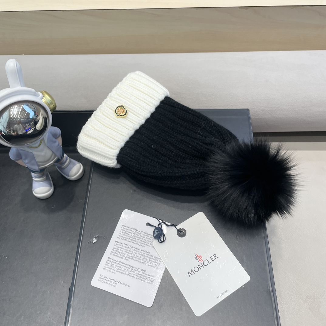 moncler帽子女韩版圣诞狐狸毛球帽子亲子秋冬加厚保暖笑脸羊毛线针织帽潮