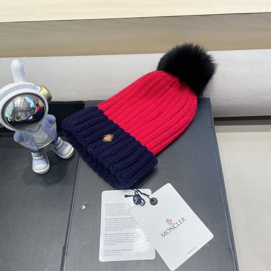 moncler帽子女韩版圣诞狐狸毛球帽子亲子秋冬加厚保暖笑脸羊毛线针织帽潮