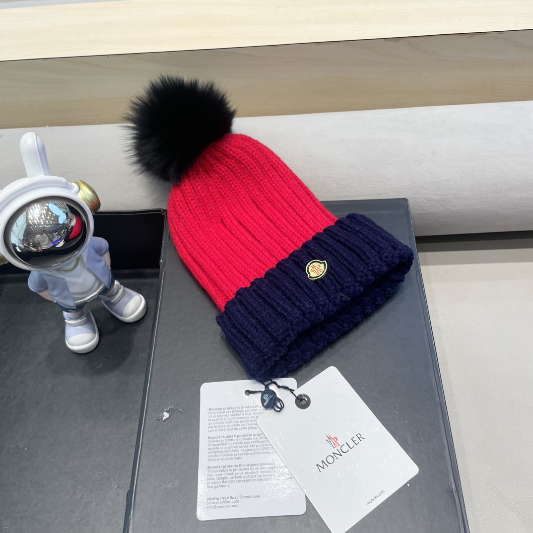 moncler帽子女韩版圣诞狐狸毛球帽子亲子秋冬加厚保暖笑脸羊毛线针织帽潮