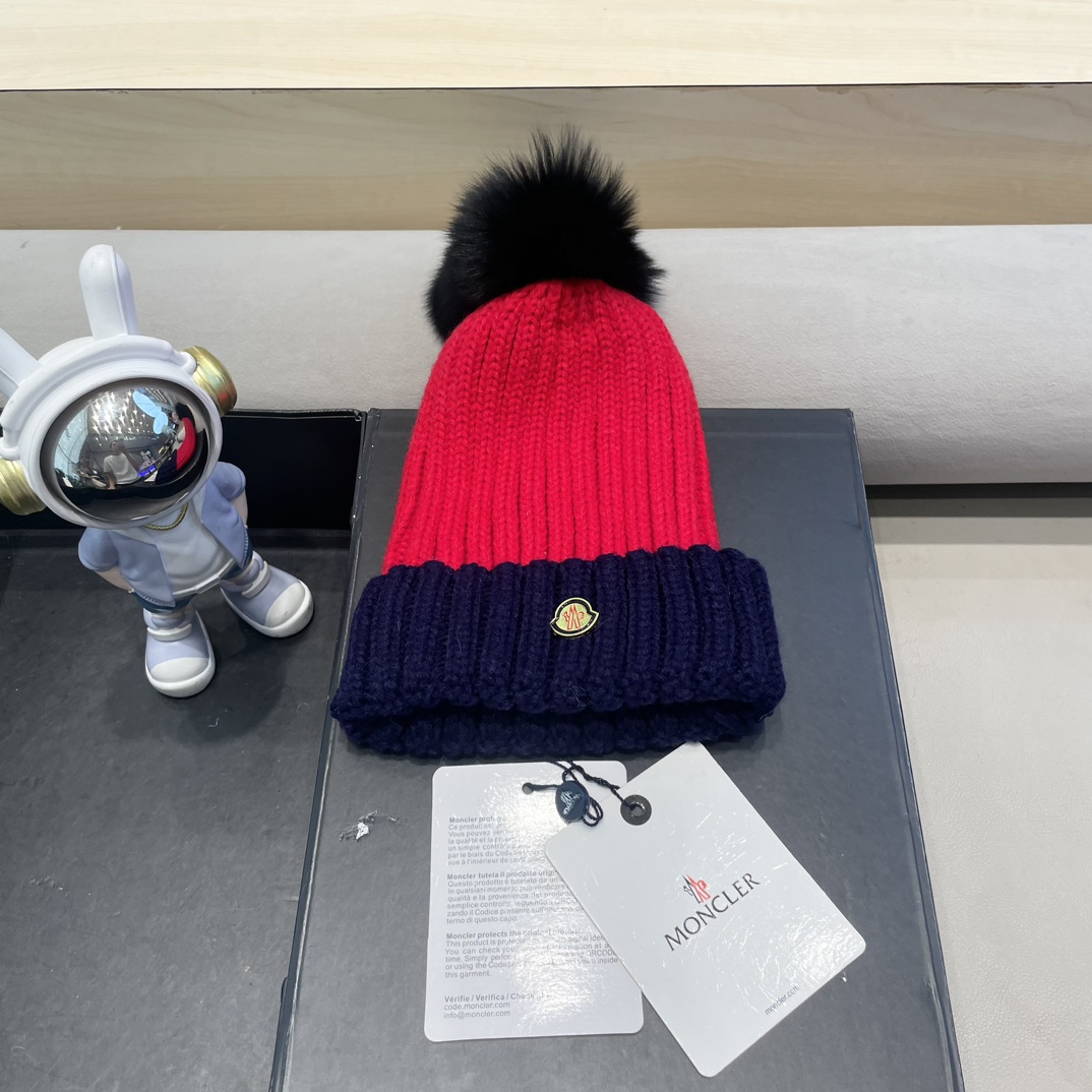 moncler帽子女韩版圣诞狐狸毛球帽子亲子秋冬加厚保暖笑脸羊毛线针织帽潮
