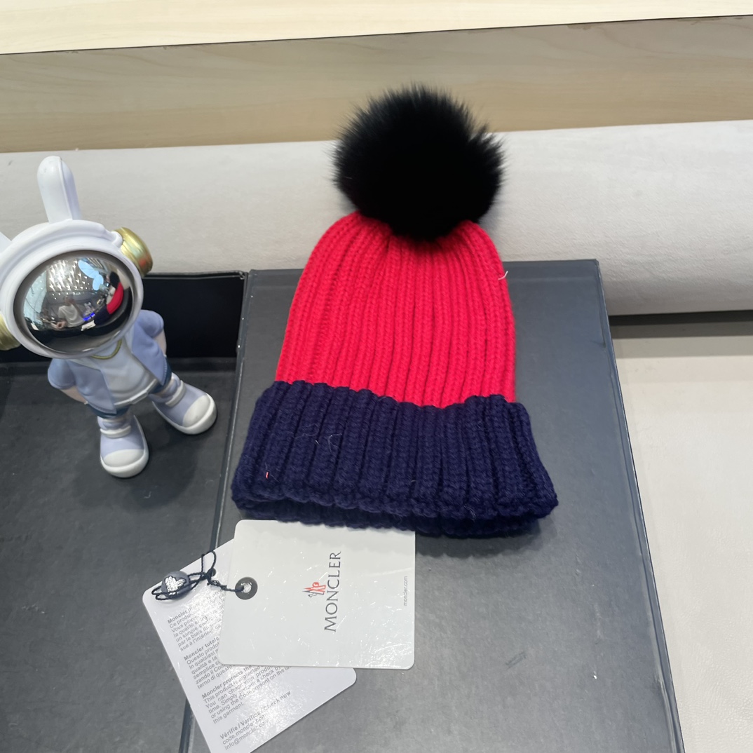 moncler帽子女韩版圣诞狐狸毛球帽子亲子秋冬加厚保暖笑脸羊毛线针织帽潮