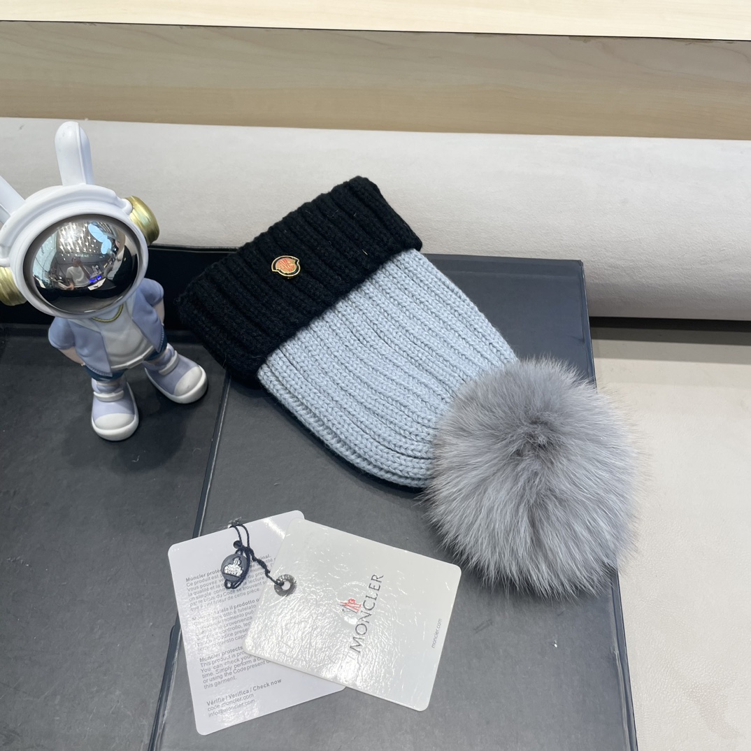 moncler帽子女韩版圣诞狐狸毛球帽子亲子秋冬加厚保暖笑脸羊毛线针织帽潮