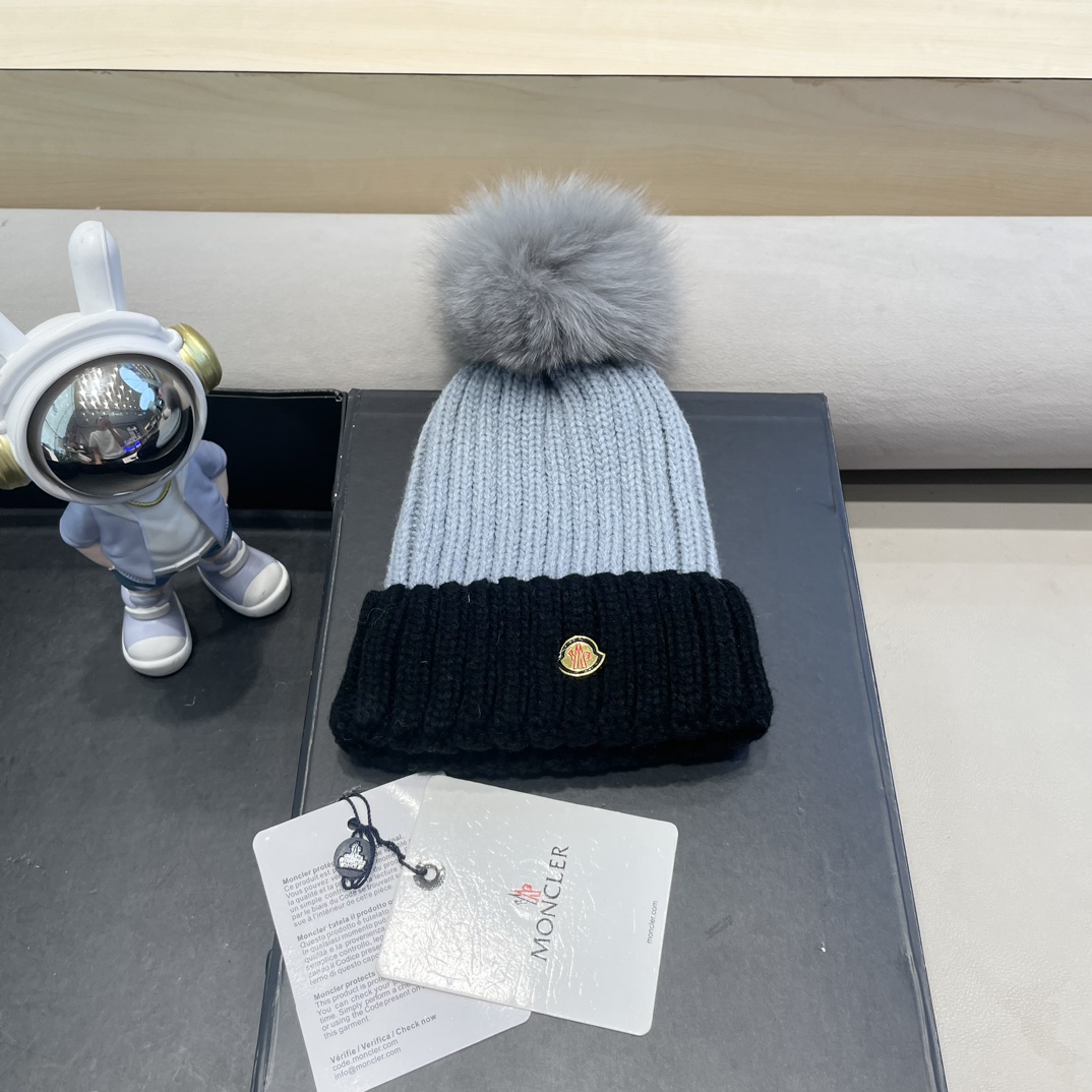 moncler帽子女韩版圣诞狐狸毛球帽子亲子秋冬加厚保暖笑脸羊毛线针织帽潮