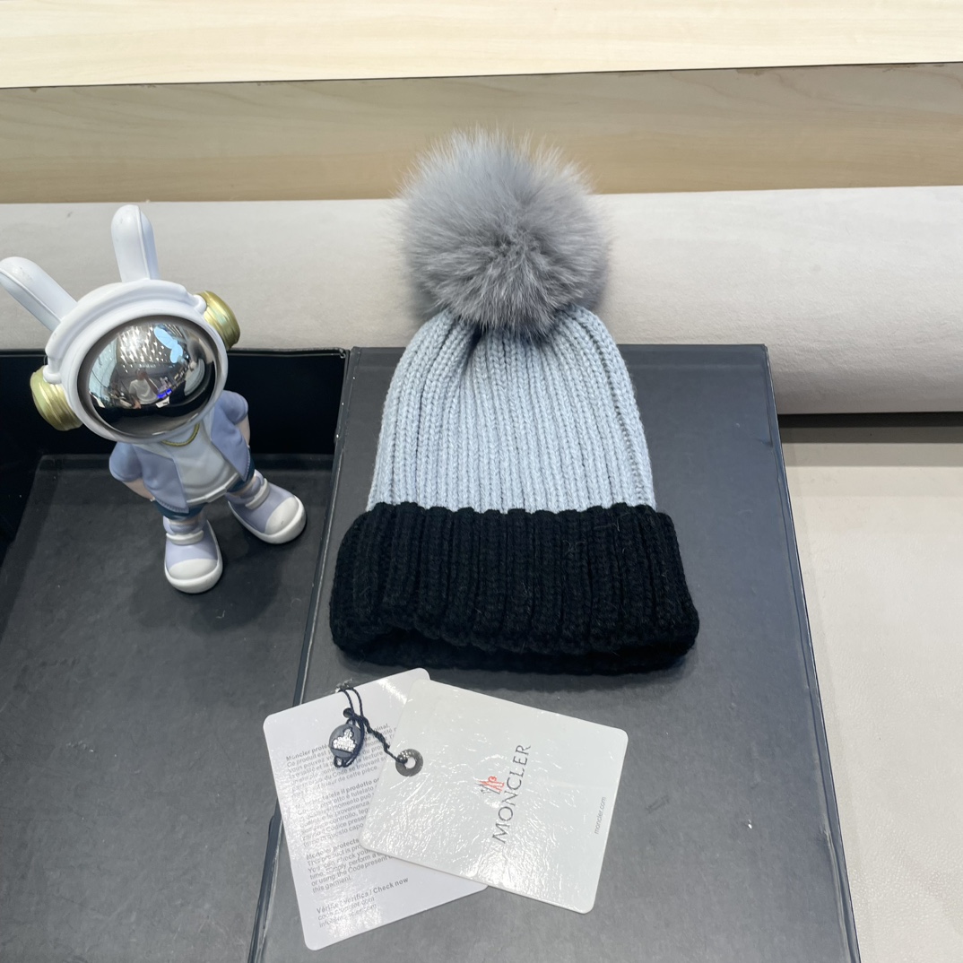 moncler帽子女韩版圣诞狐狸毛球帽子亲子秋冬加厚保暖笑脸羊毛线针织帽潮