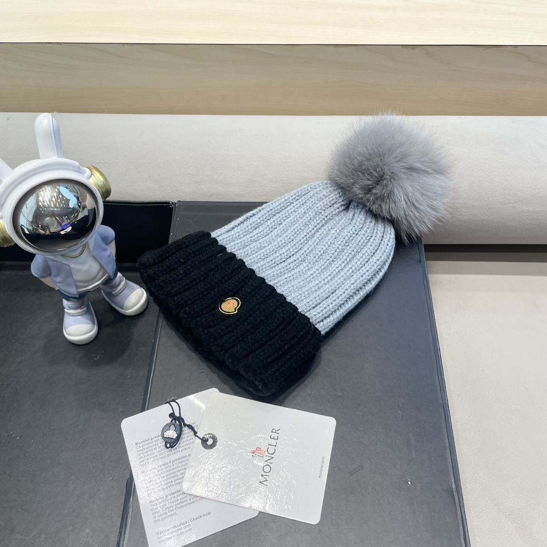 moncler帽子女韩版圣诞狐狸毛球帽子亲子秋冬加厚保暖笑脸羊毛线针织帽潮