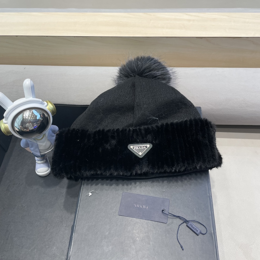 普拉达Prada毛绒宽松针织帽女韩版秋冬加厚保暖护耳显脸小毛线帽
