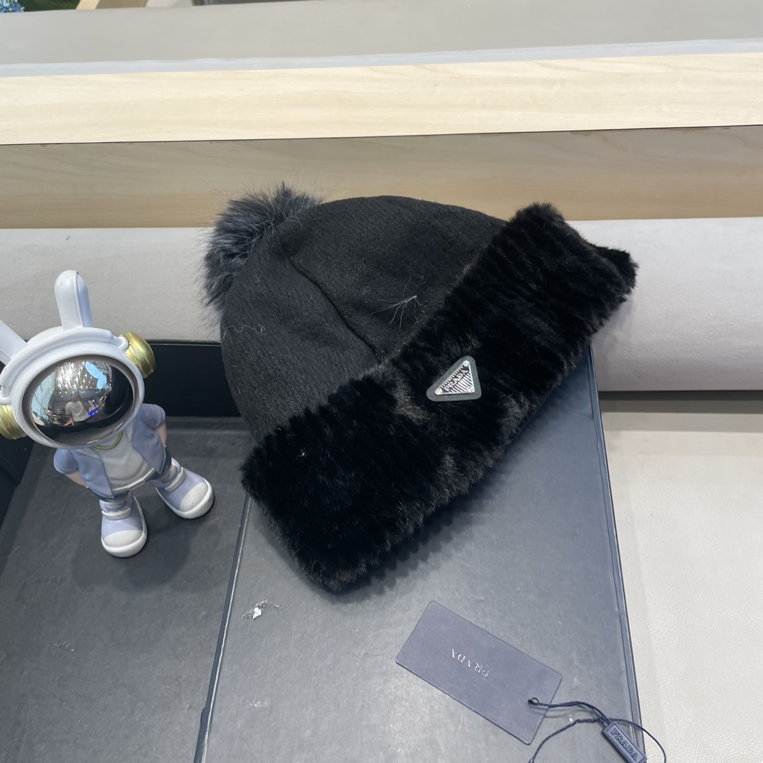 普拉达Prada毛绒宽松针织帽女韩版秋冬加厚保暖护耳显脸小毛线帽