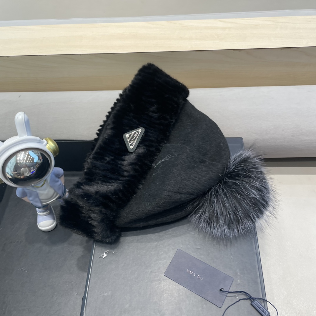 普拉达Prada毛绒宽松针织帽女韩版秋冬加厚保暖护耳显脸小毛线帽