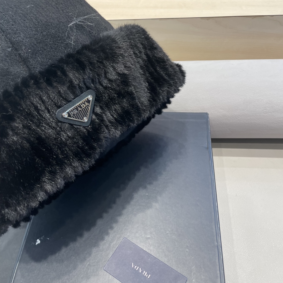 普拉达Prada毛绒宽松针织帽女韩版秋冬加厚保暖护耳显脸小毛线帽