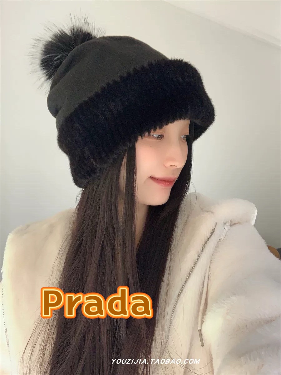 普拉达Prada毛绒宽松针织帽女韩版秋冬加厚保暖护耳显脸小毛线帽