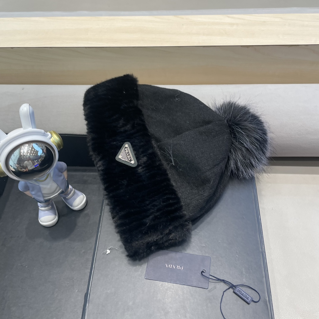 普拉达Prada毛绒宽松针织帽女韩版秋冬加厚保暖护耳显脸小毛线帽