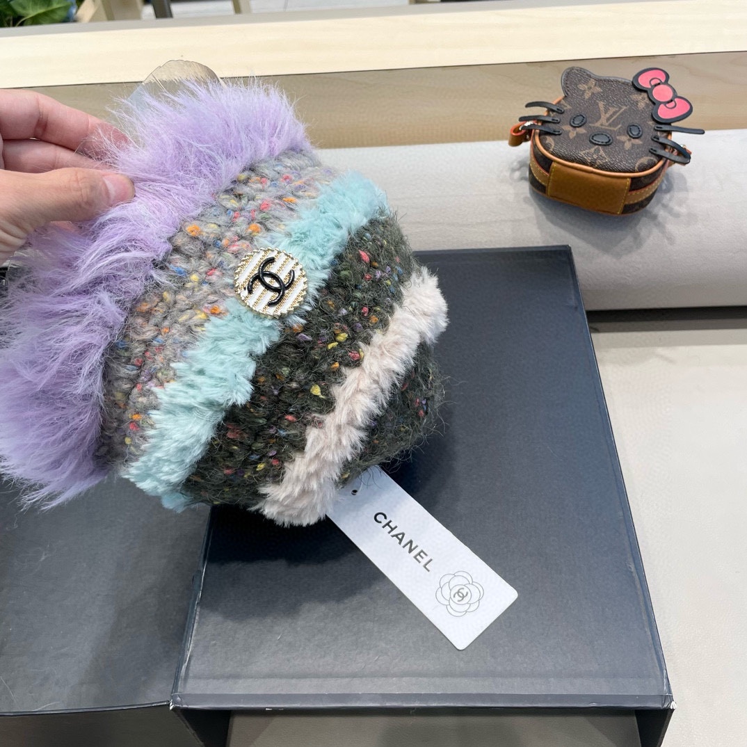 Chanel手工钩针毛线帽子女秋冬季新款撞色显脸小防寒保暖毛绒针织渔夫帽