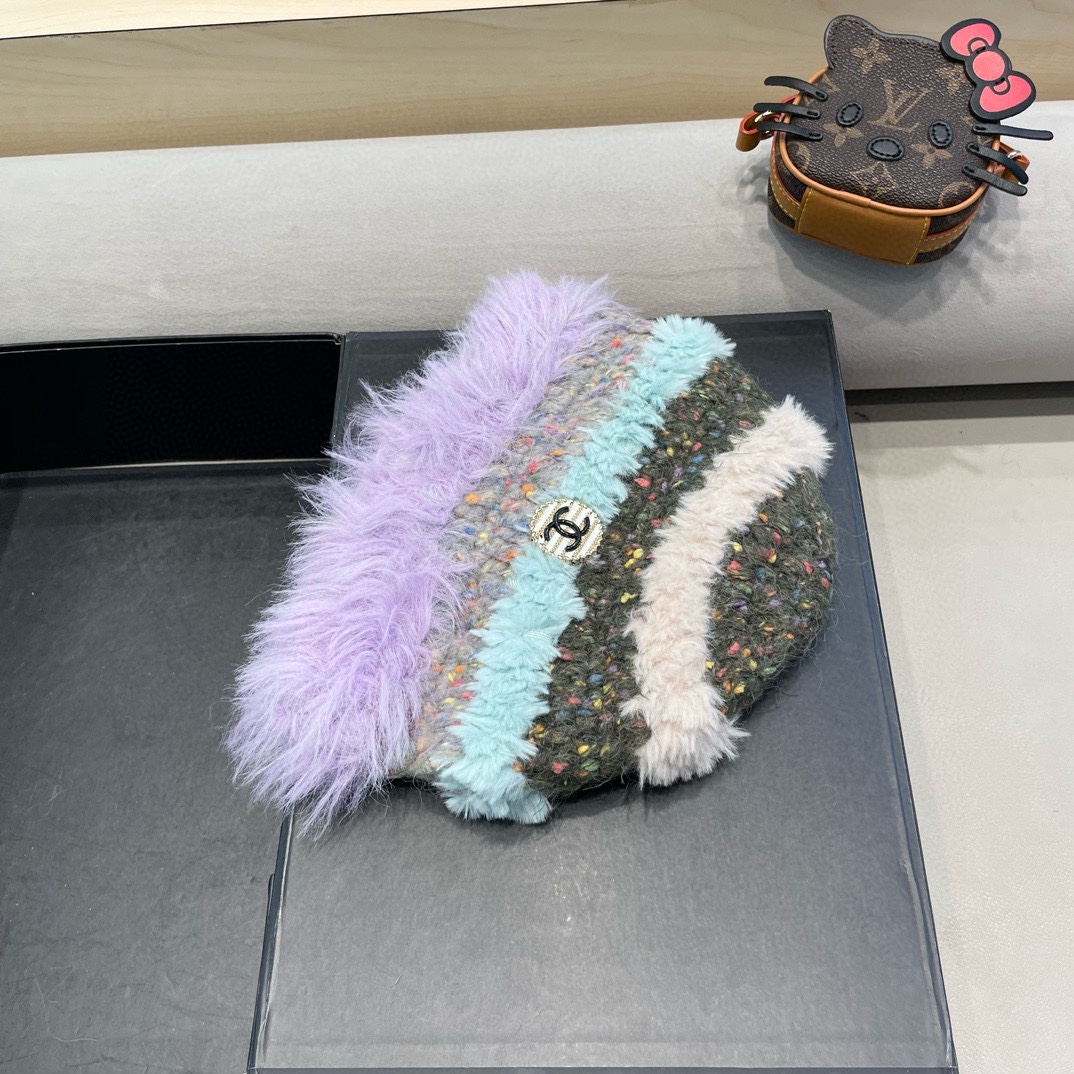 Chanel手工钩针毛线帽子女秋冬季新款撞色显脸小防寒保暖毛绒针织渔夫帽