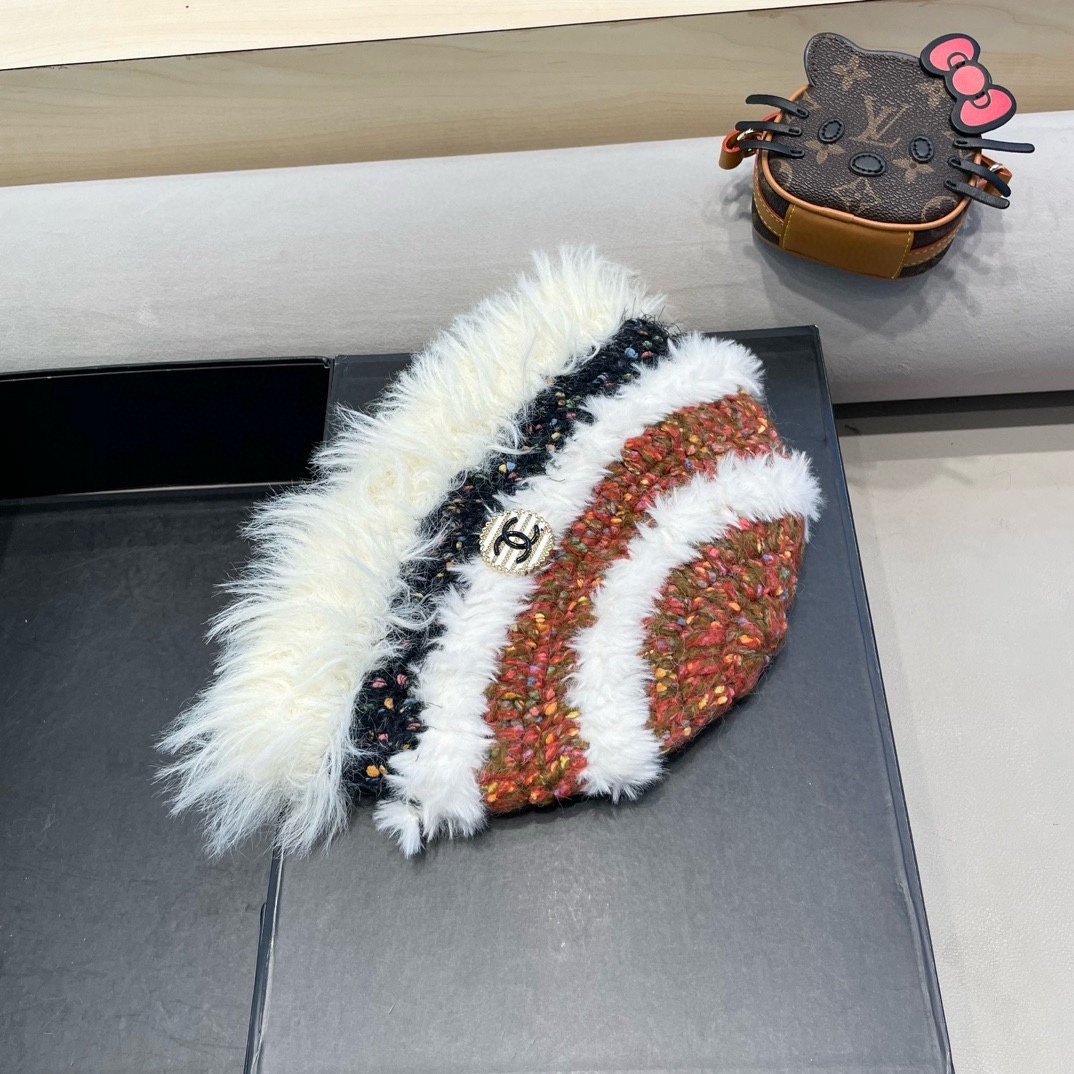 Chanel手工钩针毛线帽子女秋冬季新款撞色显脸小防寒保暖毛绒针织渔夫帽
