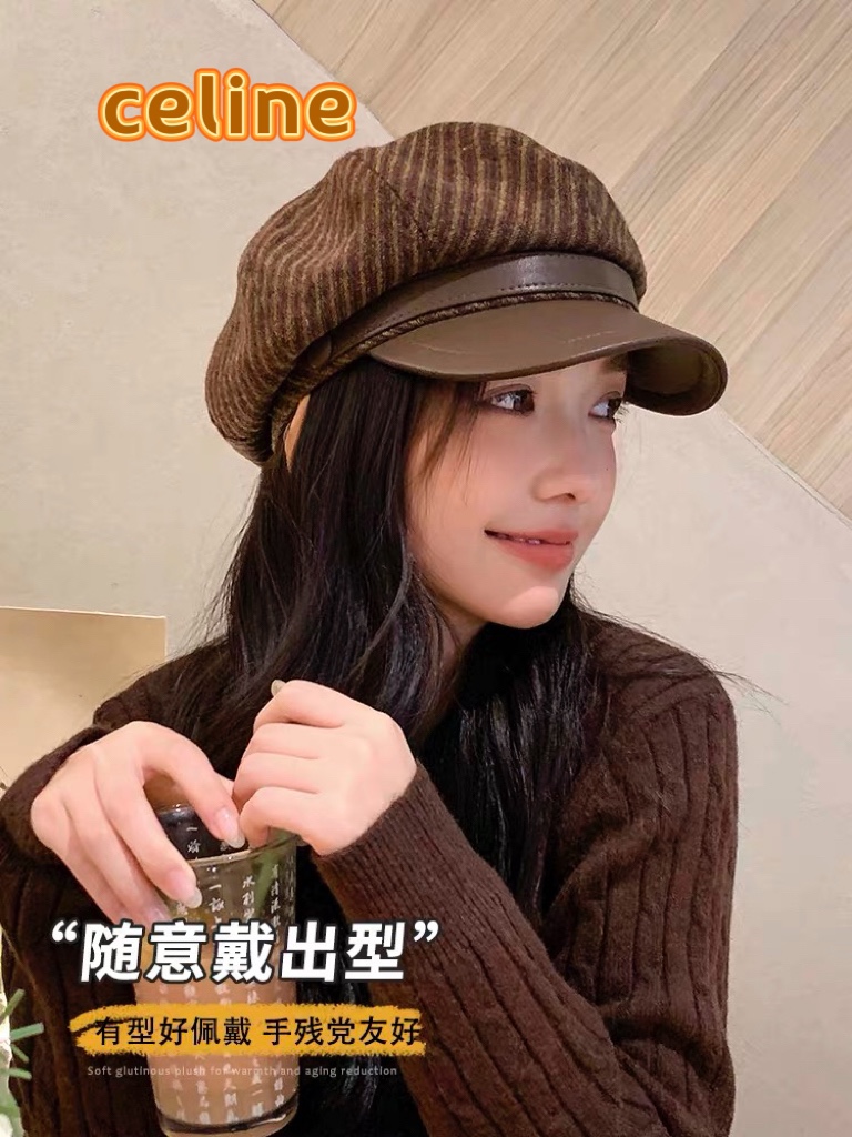 NO:215699,Celine Japanese elegant mixed color tweed leather along octagonal hat thickened warm painter hat fashion newspaper beret hat autumn and winter beret hat fisherman hat baseball hat knit hat, hat, celine, espadrilles, hats19860909塞琳Celine日系优雅混色花呢皮沿八角帽加厚保暖画家帽时尚报童帽秋冬贝雷帽帽子渔夫帽棒球帽针织帽,帽子,celine,espadrilles,hats,hat