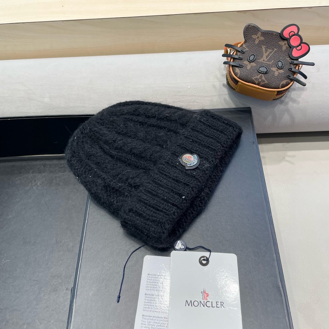 moncler潮牌秋冬季蒙口毛线帽百搭大头围羊毛针织帽网红显脸小保暖护耳帽