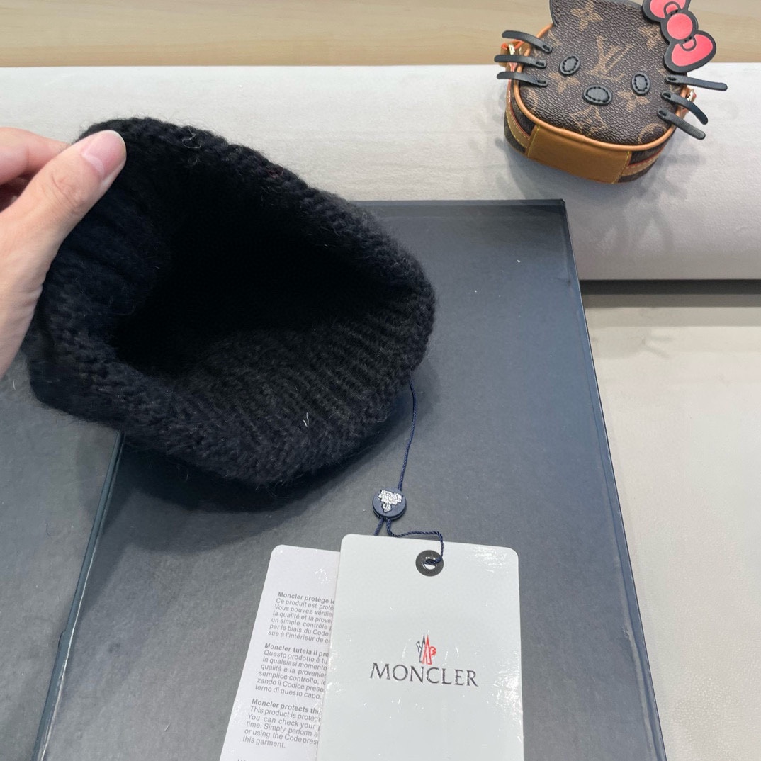 moncler潮牌秋冬季蒙口毛线帽百搭大头围羊毛针织帽网红显脸小保暖护耳帽