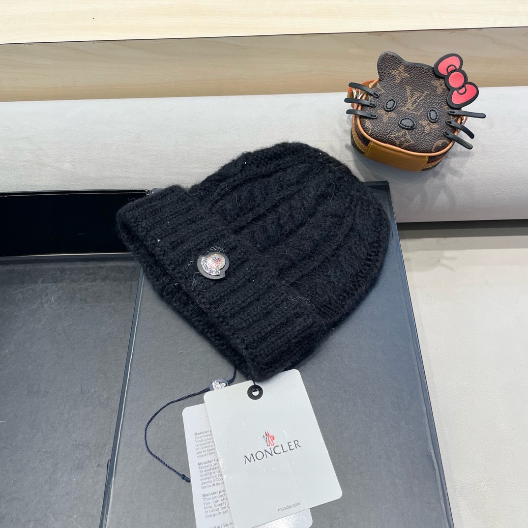moncler潮牌秋冬季蒙口毛线帽百搭大头围羊毛针织帽网红显脸小保暖护耳帽