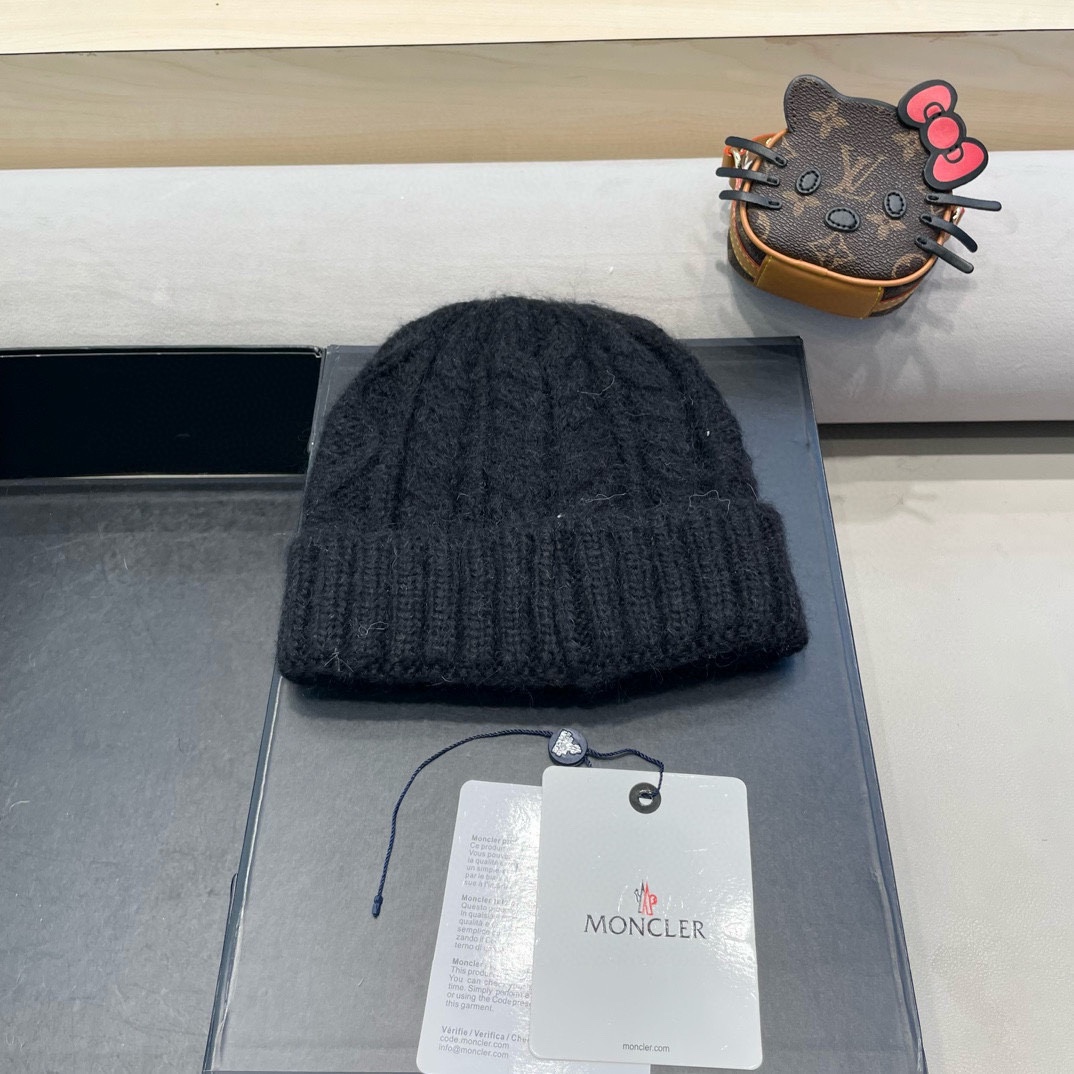 moncler潮牌秋冬季蒙口毛线帽百搭大头围羊毛针织帽网红显脸小保暖护耳帽