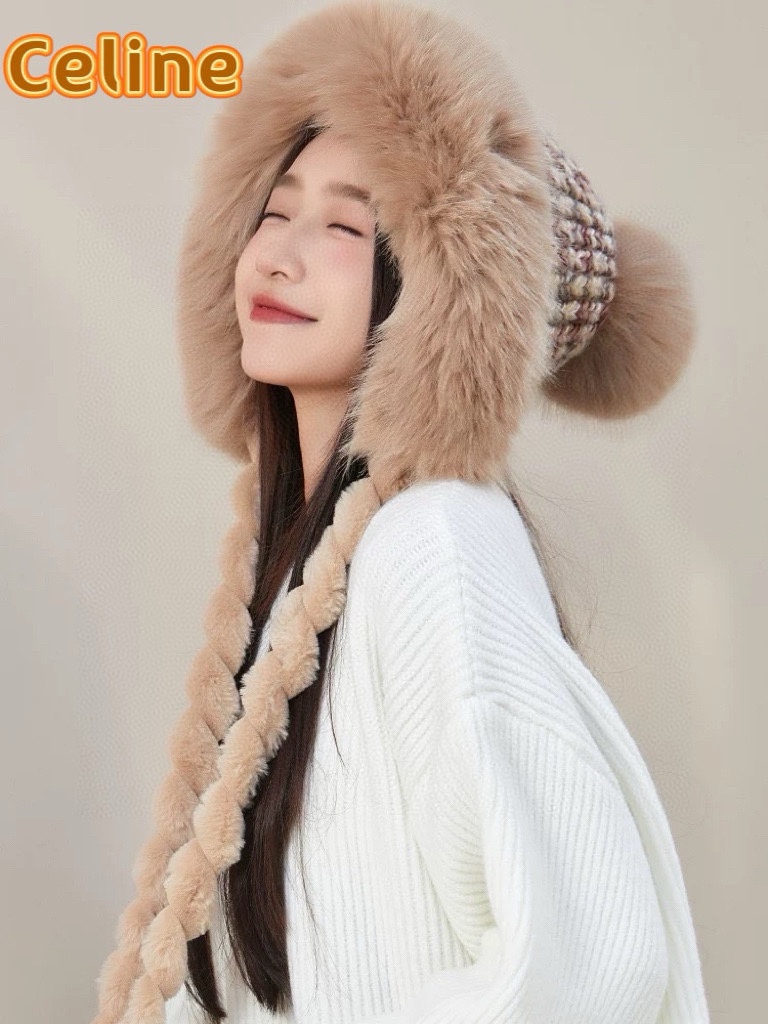 塞琳Celine毛绒雷锋帽女冬季可爱显脸小加绒加厚毛线针织骑车护耳保暖帽子潮