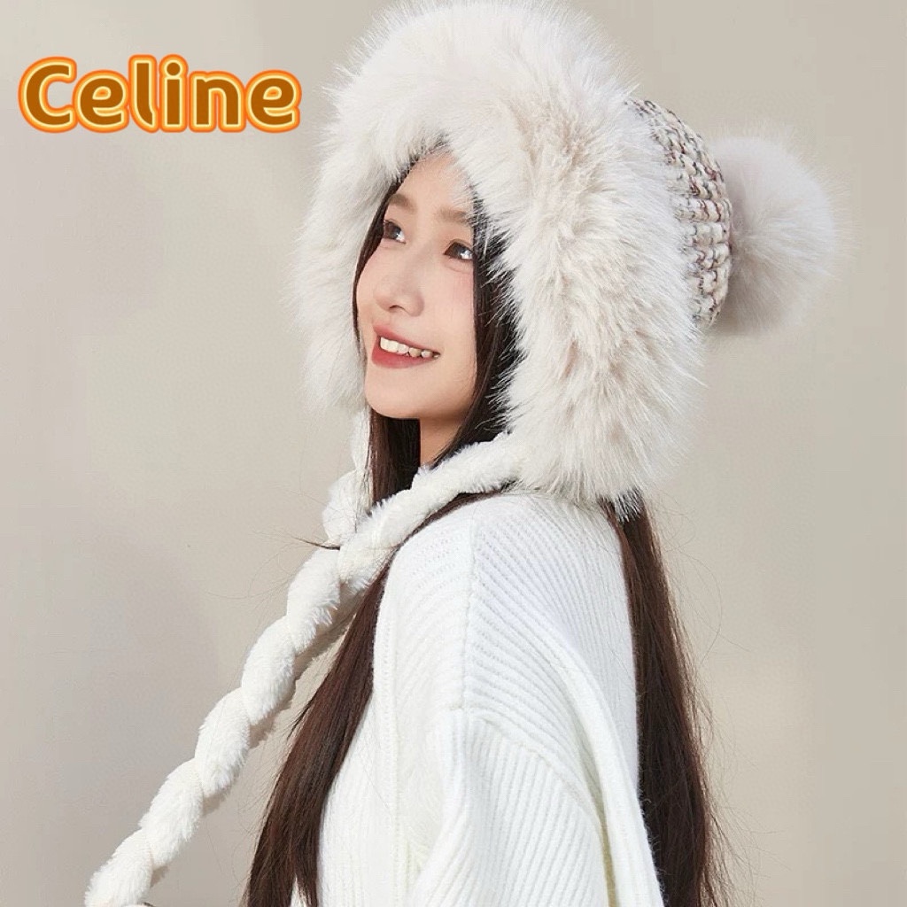 塞琳Celine毛绒雷锋帽女冬季可爱显脸小加绒加厚毛线针织骑车护耳保暖帽子潮