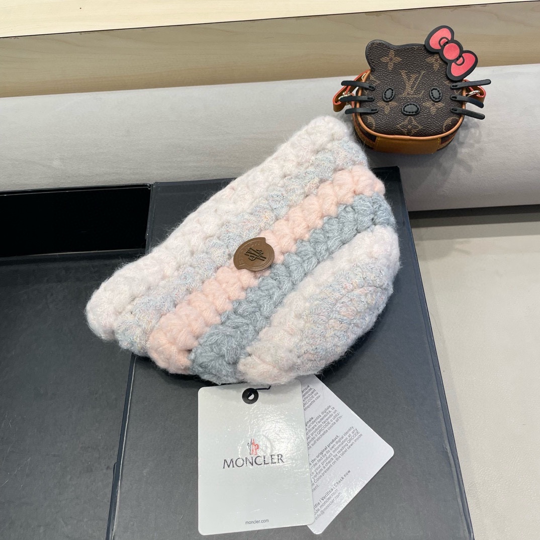 moncler条纹毛线帽子女款2024新款冬季保暖护耳洋气针织帽大头围百搭时尚
