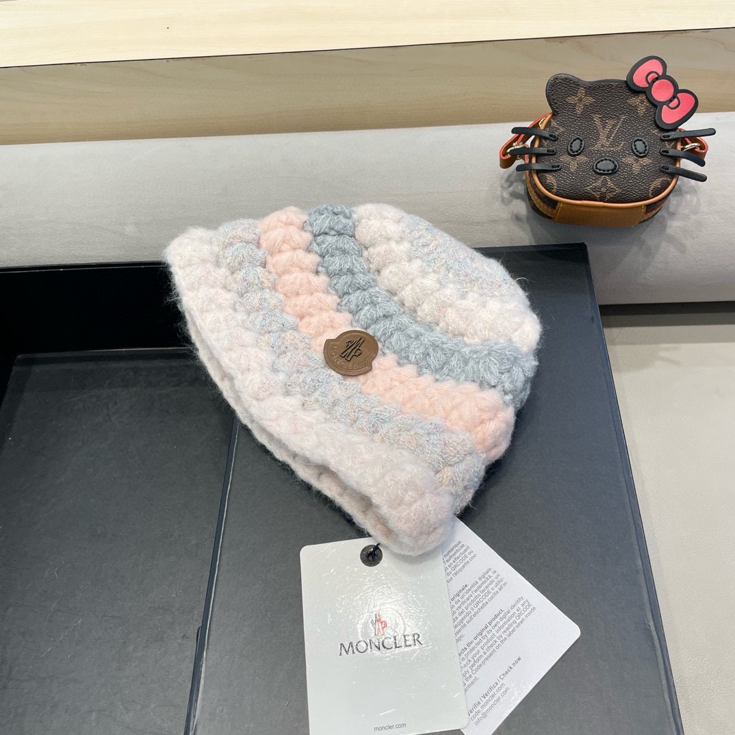 moncler条纹毛线帽子女款2024新款冬季保暖护耳洋气针织帽大头围百搭时尚