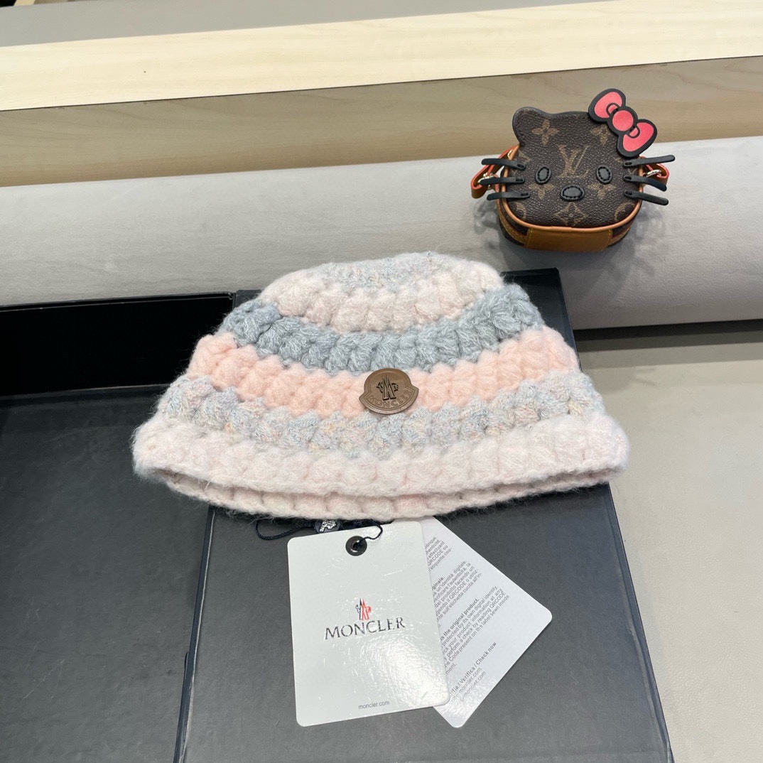 moncler条纹毛线帽子女款2024新款冬季保暖护耳洋气针织帽大头围百搭时尚