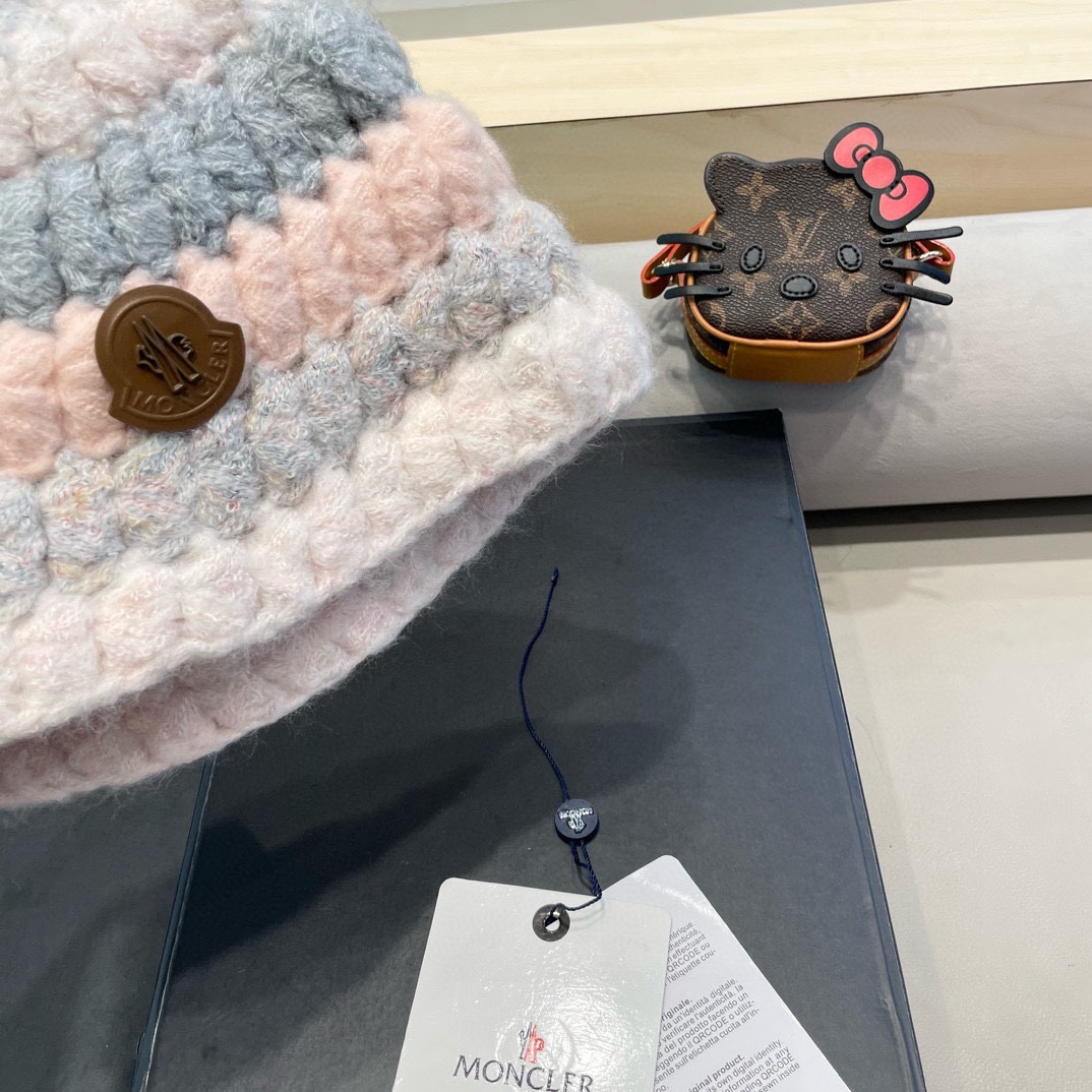 moncler条纹毛线帽子女款2024新款冬季保暖护耳洋气针织帽大头围百搭时尚