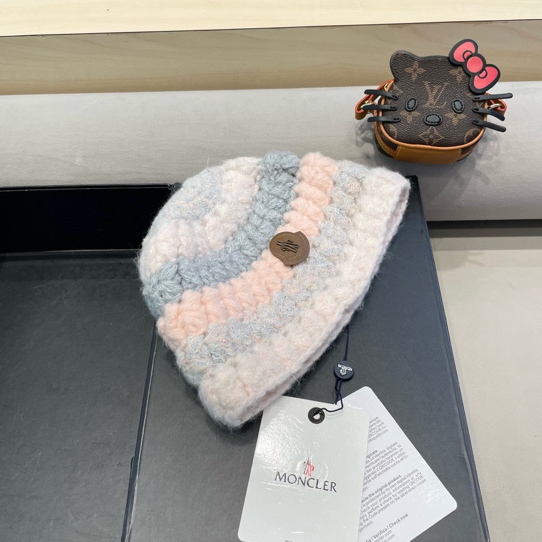 moncler条纹毛线帽子女款2024新款冬季保暖护耳洋气针织帽大头围百搭时尚
