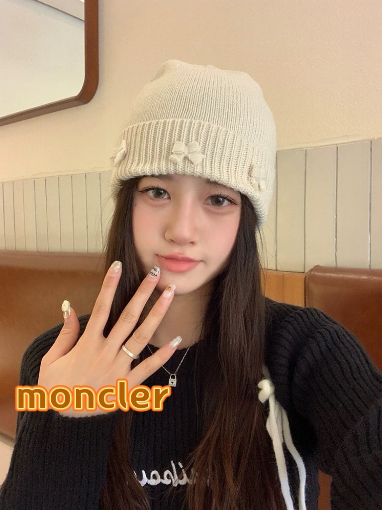 moncler 2024新款大头围红色毛线帽小众可爱蝴蝶结甜美冷帽秋冬保暖针织帽
