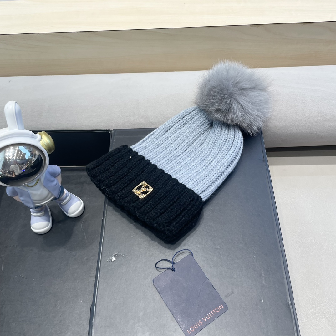 lv路易威登韩版ins秋冬季真狐狸毛球毛线帽子女百搭时尚亲子针织帽潮