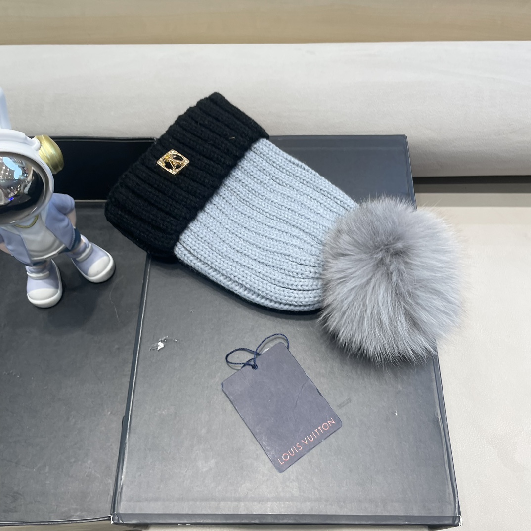 lv路易威登韩版ins秋冬季真狐狸毛球毛线帽子女百搭时尚亲子针织帽潮