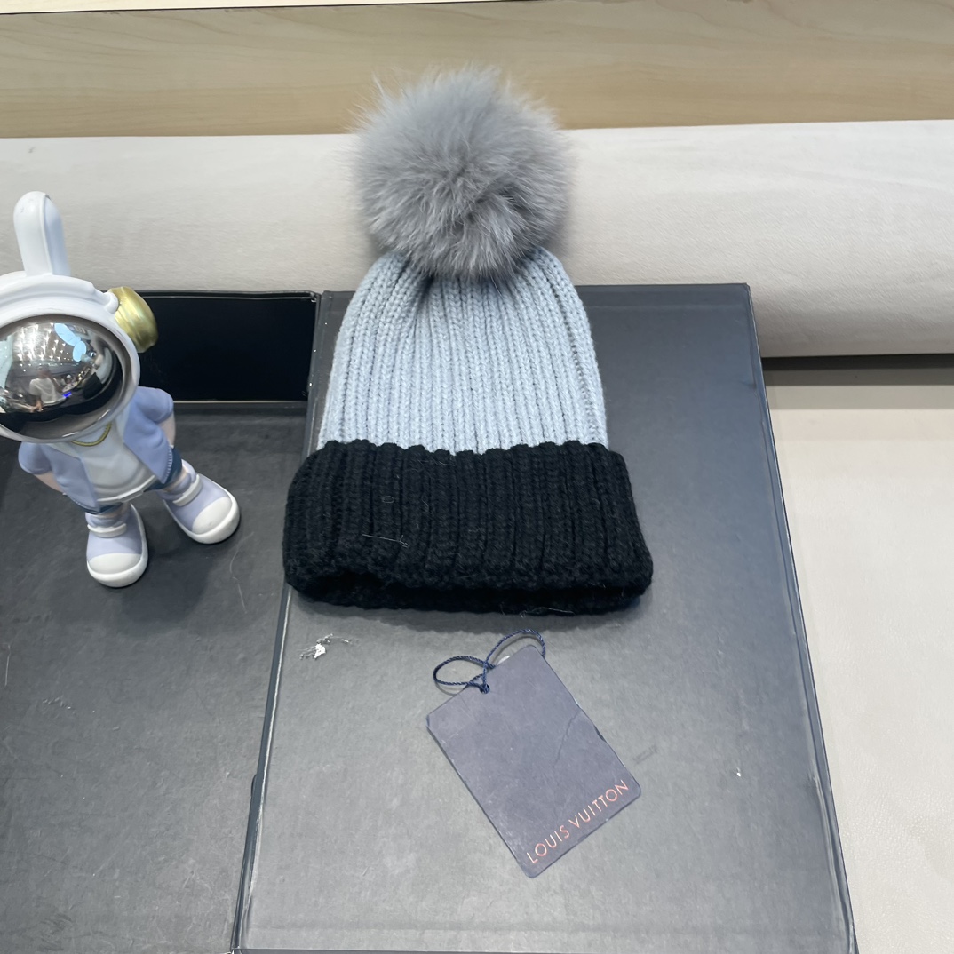 lv路易威登韩版ins秋冬季真狐狸毛球毛线帽子女百搭时尚亲子针织帽潮