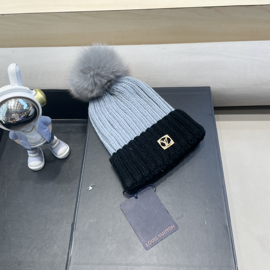 lv路易威登韩版ins秋冬季真狐狸毛球毛线帽子女百搭时尚亲子针织帽潮