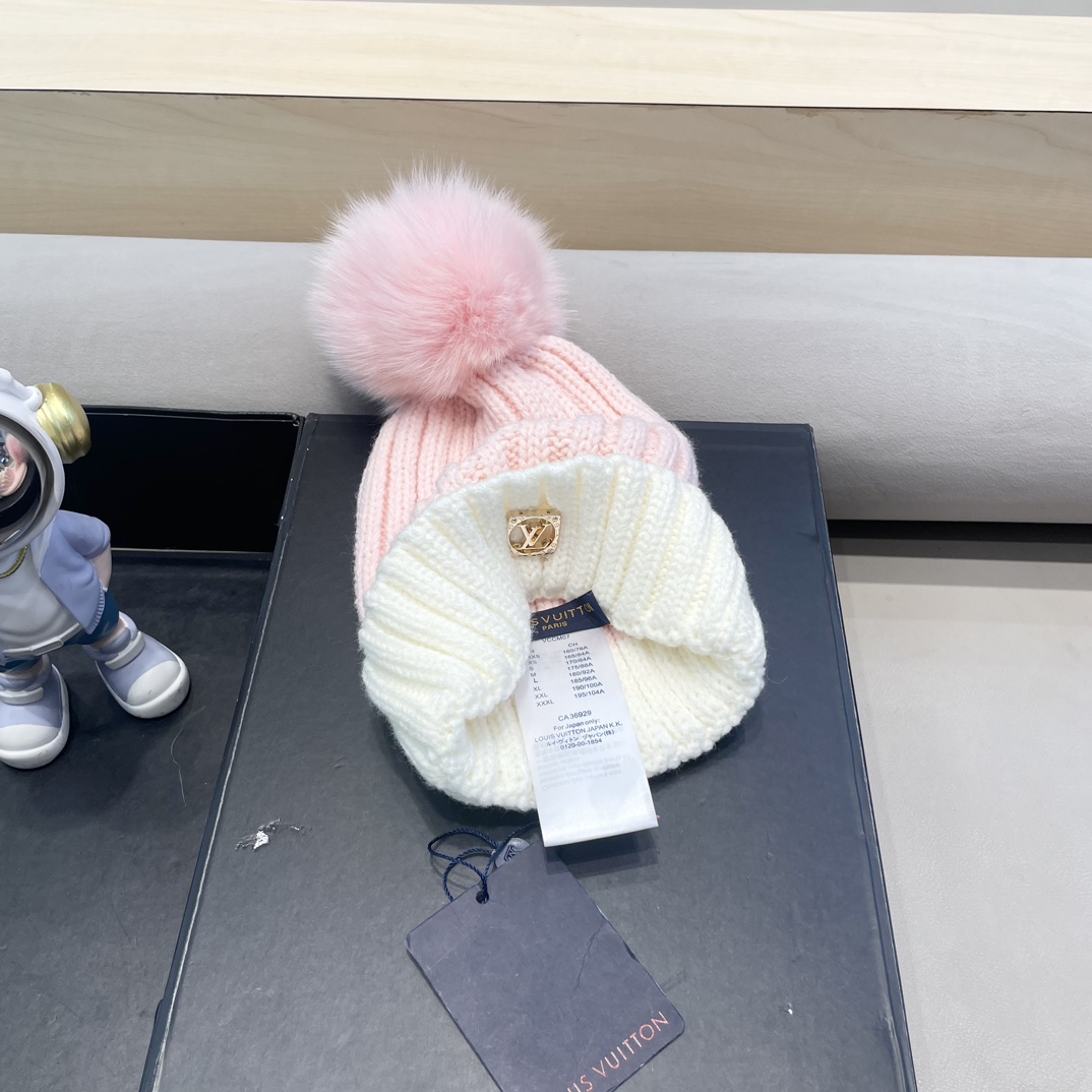 lv路易威登韩版ins秋冬季真狐狸毛球毛线帽子女百搭时尚亲子针织帽潮