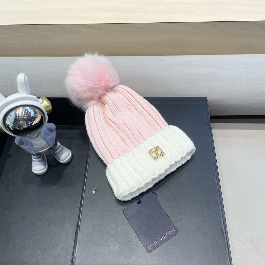 lv路易威登韩版ins秋冬季真狐狸毛球毛线帽子女百搭时尚亲子针织帽潮
