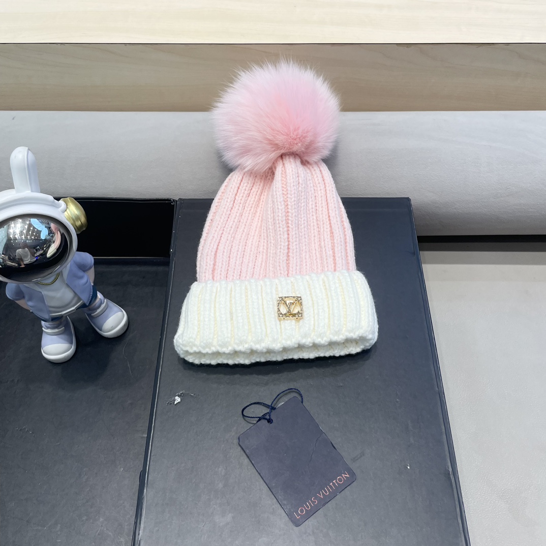 lv路易威登韩版ins秋冬季真狐狸毛球毛线帽子女百搭时尚亲子针织帽潮