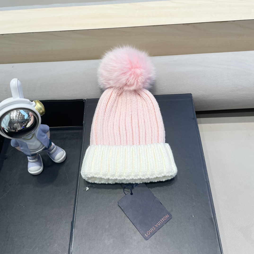 lv路易威登韩版ins秋冬季真狐狸毛球毛线帽子女百搭时尚亲子针织帽潮