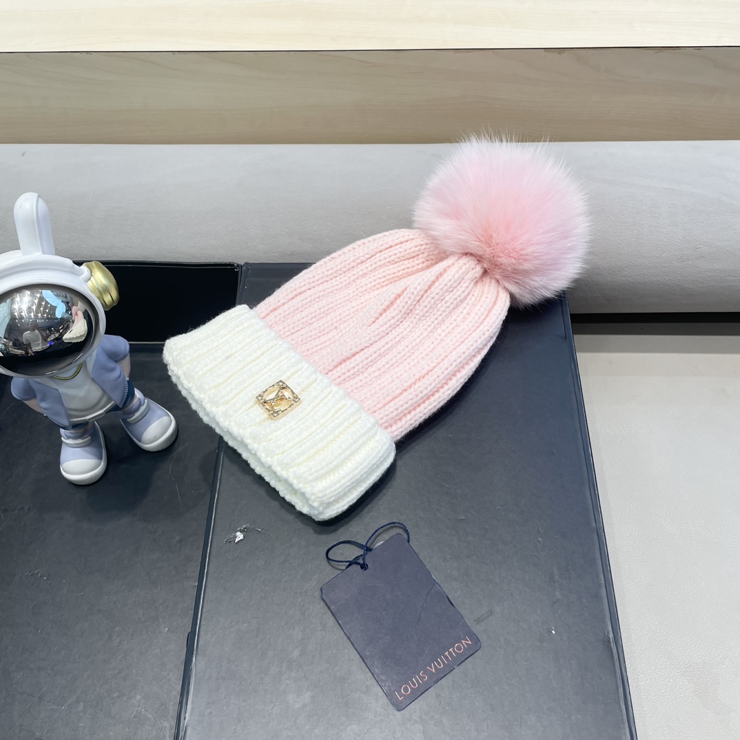lv路易威登韩版ins秋冬季真狐狸毛球毛线帽子女百搭时尚亲子针织帽潮