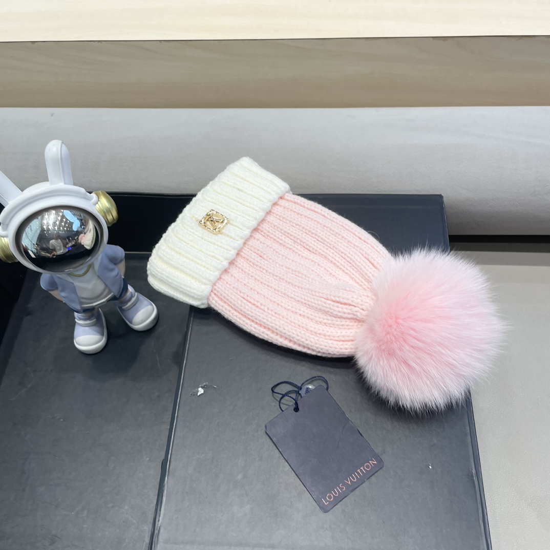 lv路易威登韩版ins秋冬季真狐狸毛球毛线帽子女百搭时尚亲子针织帽潮