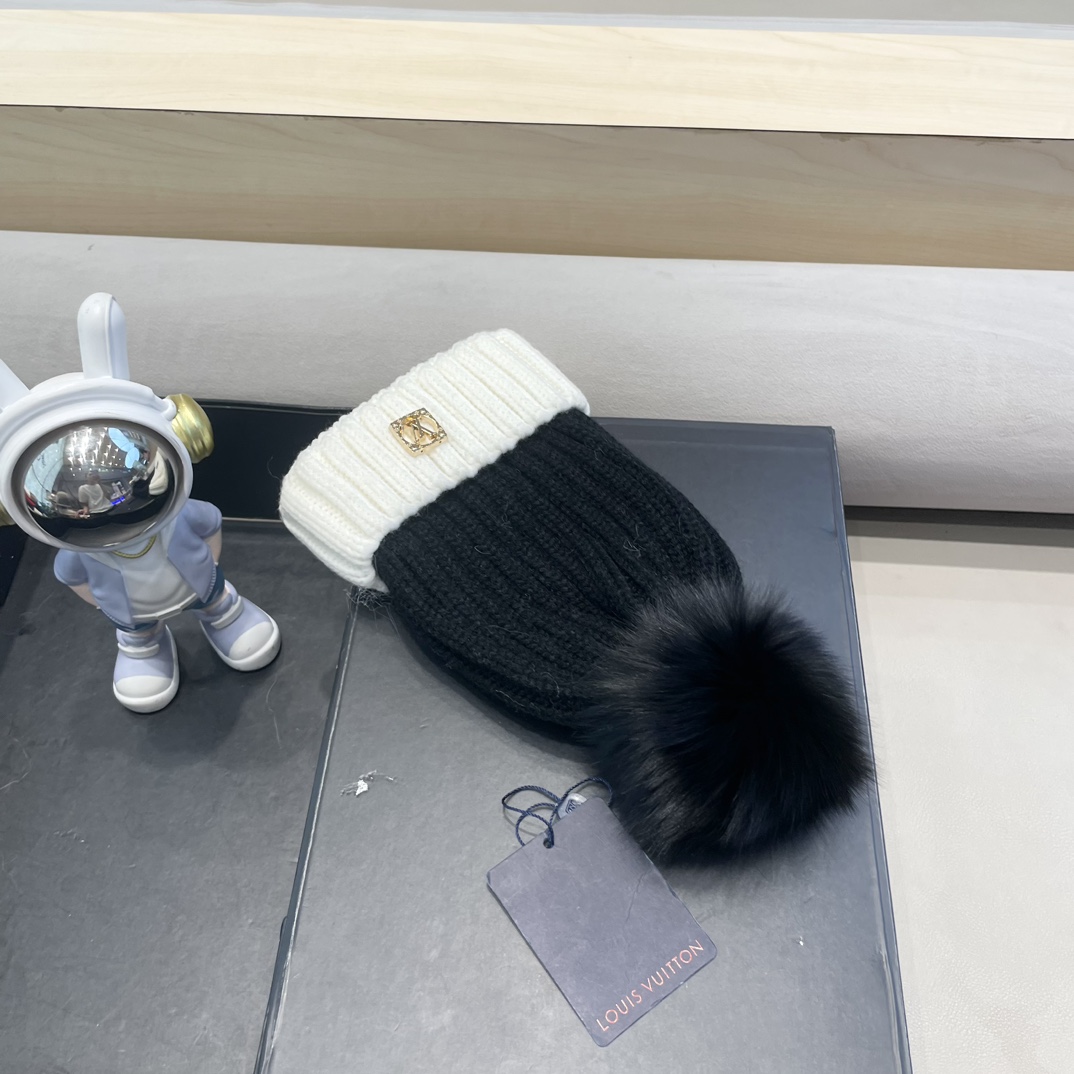 lv路易威登韩版ins秋冬季真狐狸毛球毛线帽子女百搭时尚亲子针织帽潮